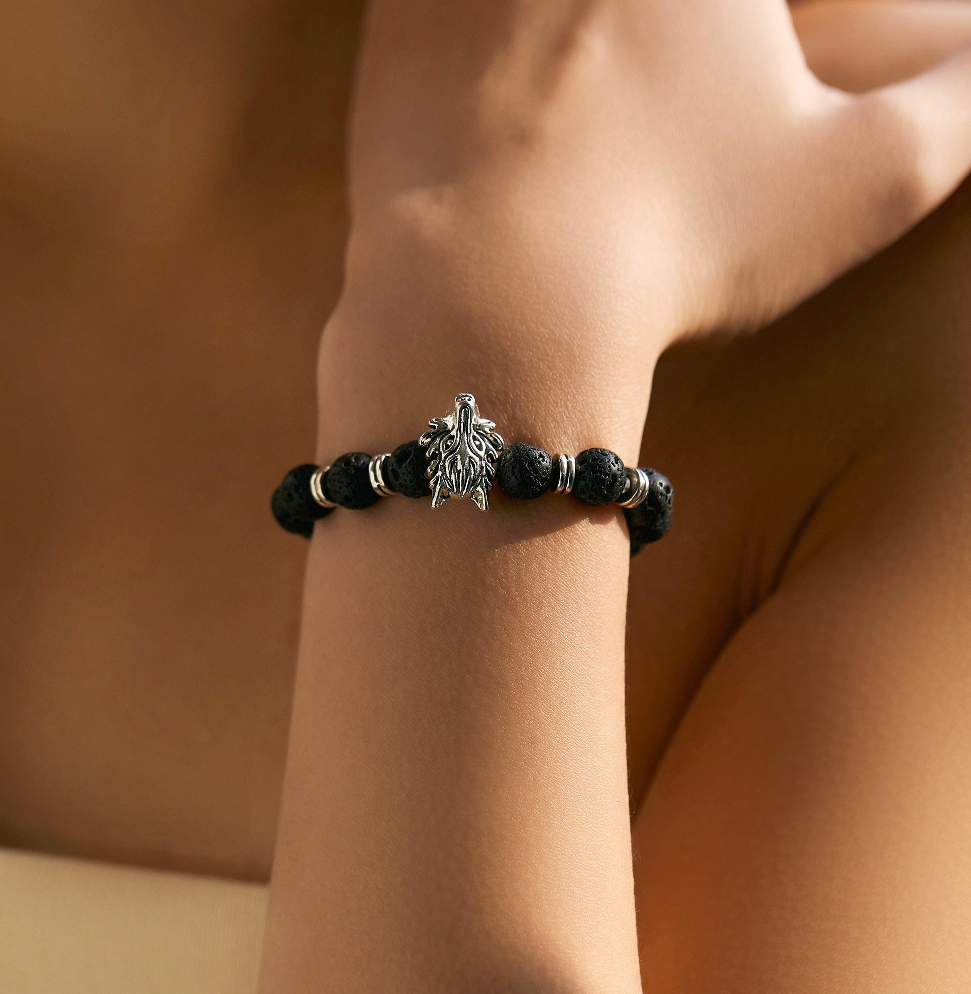 Grey Wolf Lava Stone Bracelet for Grounding - Root Chakra Power - Glitter Karma