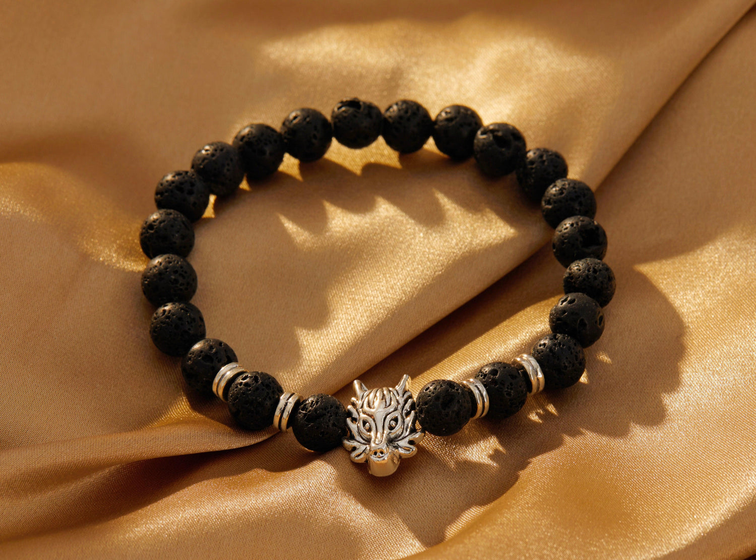 Root Chakra Grounding & Empowerment - Grey Wolf Head Lava Stone Bracelet - Glitter Karma