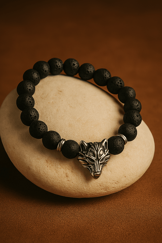 Grey Wolf Lava Stone Bracelet for Grounding - Root Chakra Power - Glitter Karma
