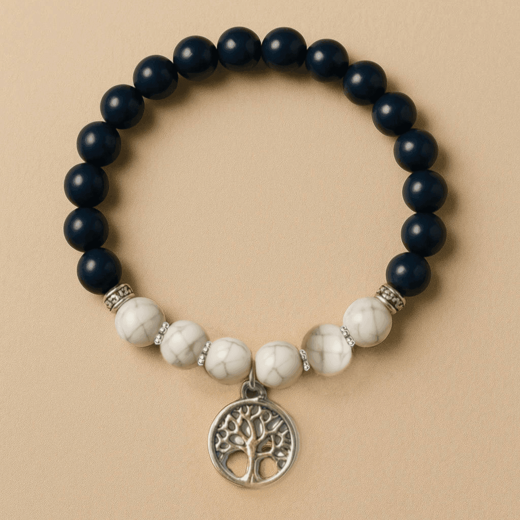 Protection & Clarity - Black Agate White Pine Buddha Bead Bracelet - Glitter Karma