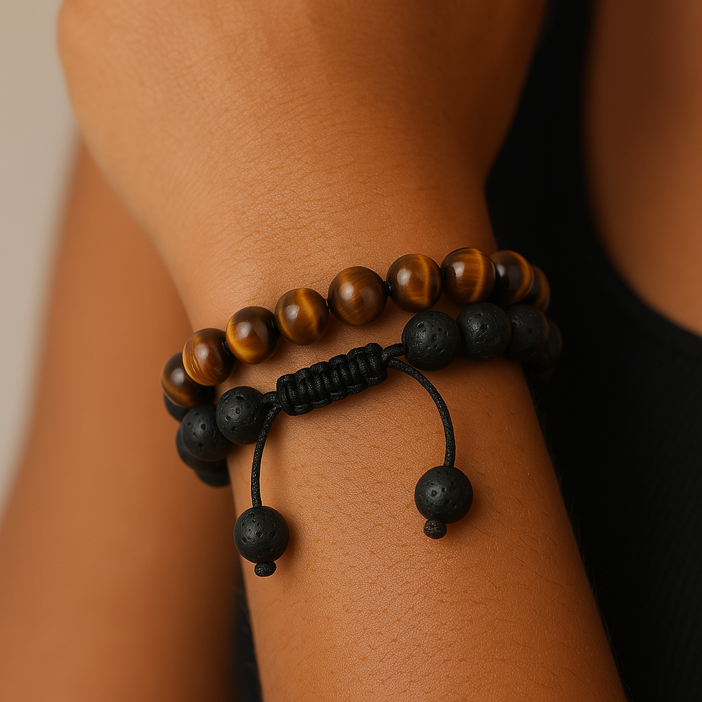 Black Agate Bracelet with Tiger Eye Energy - Courage & Stability