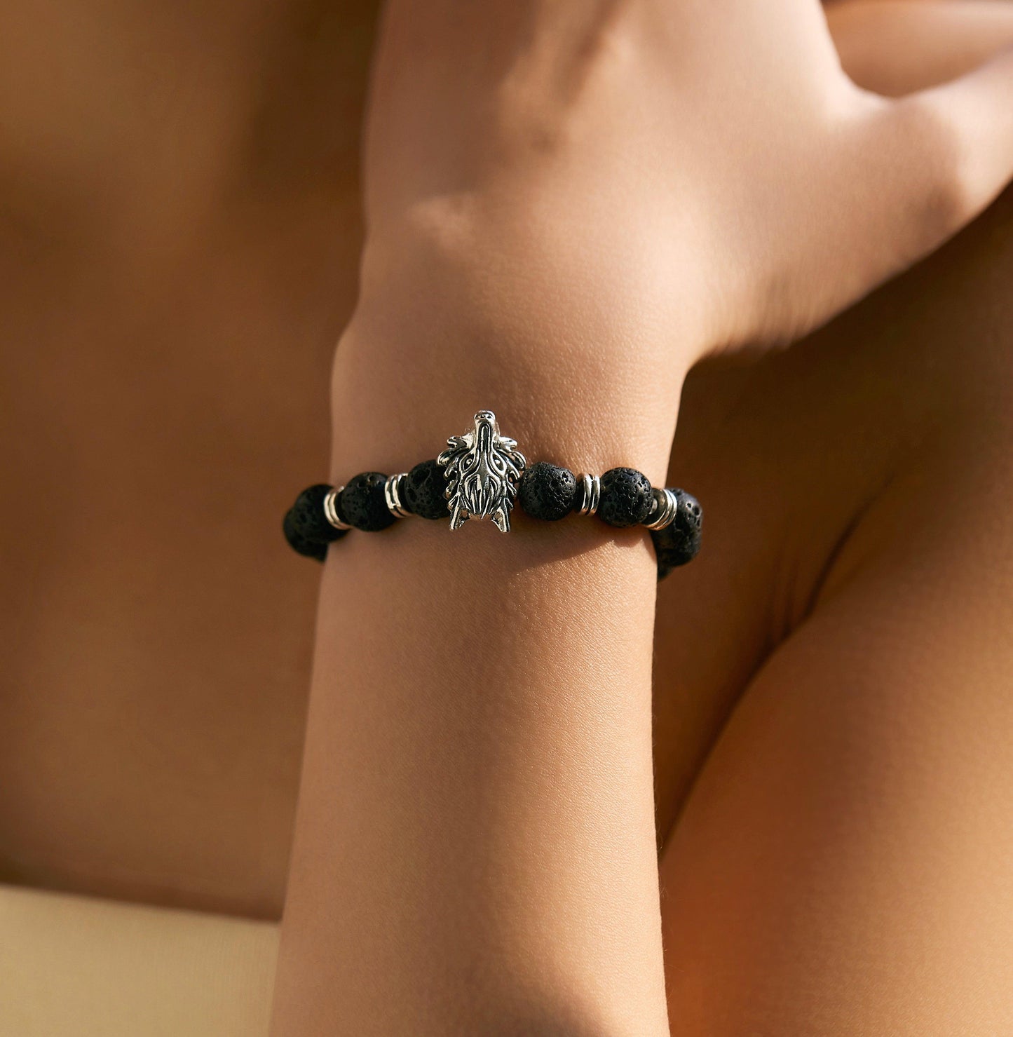 Root Chakra Grounding & Empowerment - Grey Wolf Head Lava Stone Bracelet - Glitter Karma