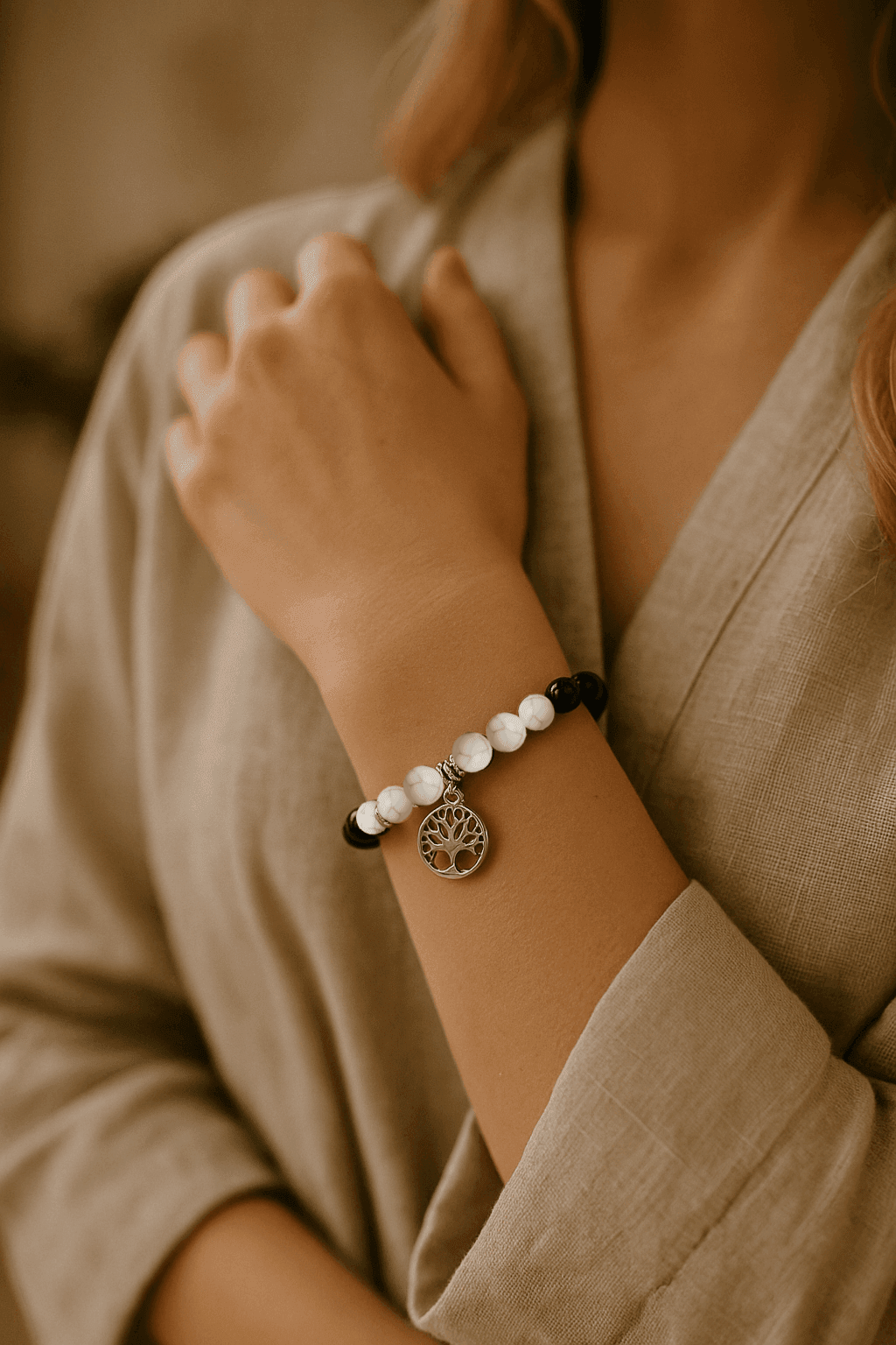 Protection & Clarity - Black Agate White Pine Buddha Bead Bracelet - Glitter Karma